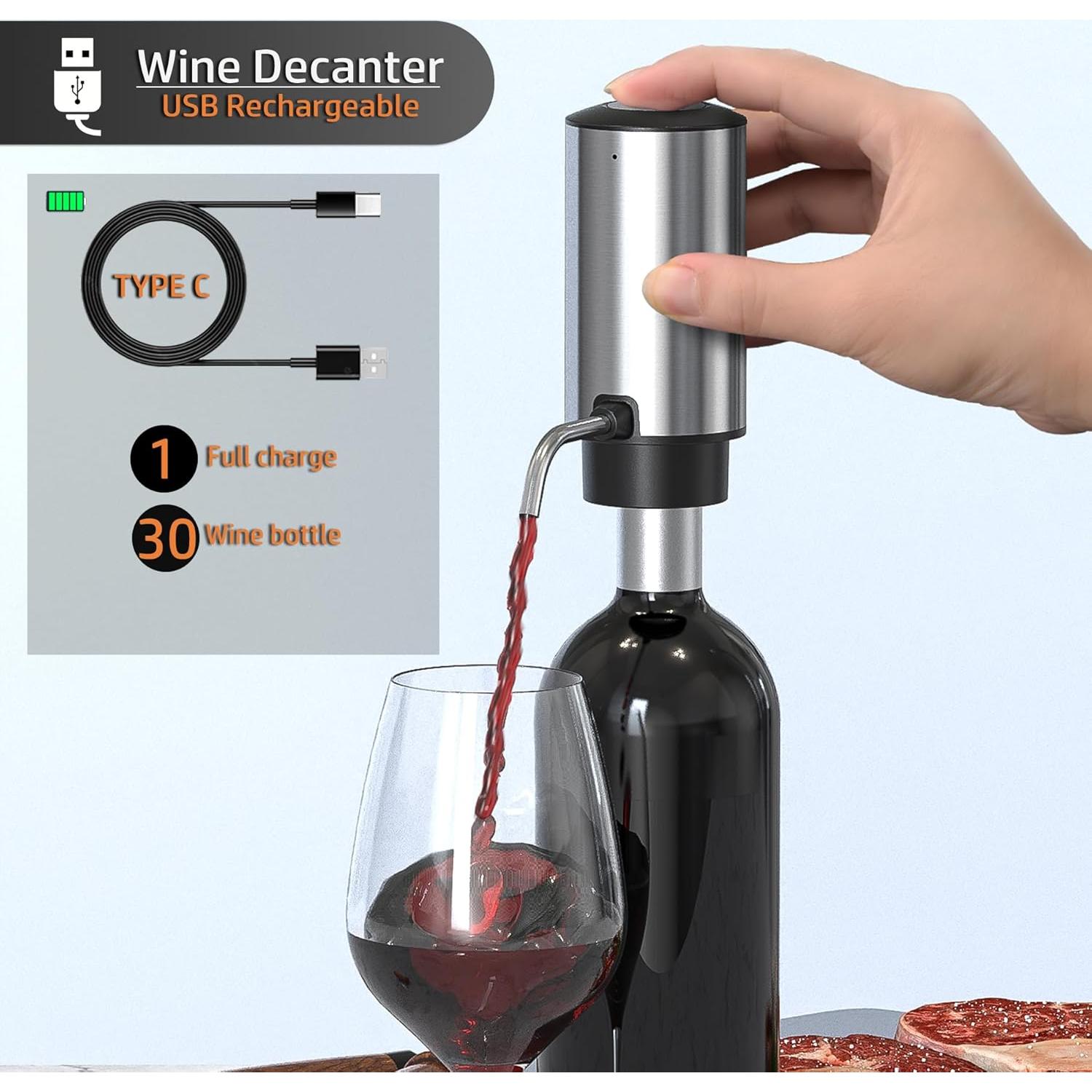 JOQINEER Electric Wine Aerator Pourer Decanter Type C Rechargeable Automatic Wine Dispenser with Retractable Tube Stand Base for One-Touch Instant Oxidation for Wine Lovers
