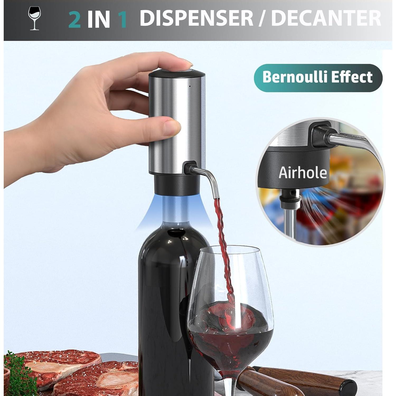 JOQINEER Electric Wine Aerator Pourer Decanter Type C Rechargeable Automatic Wine Dispenser with Retractable Tube Stand Base for One-Touch Instant Oxidation for Wine Lovers