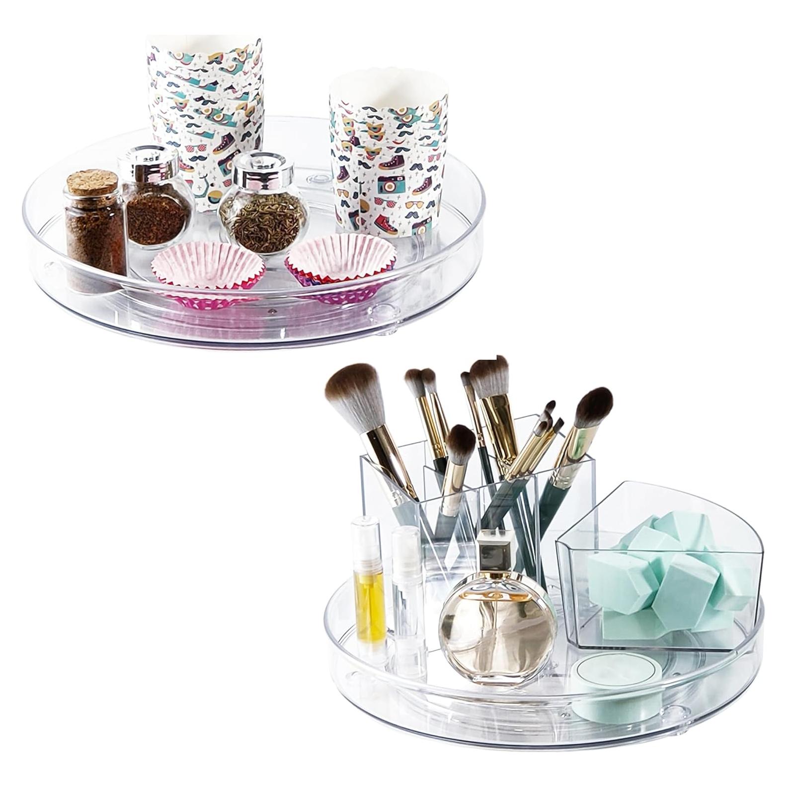 2 Pack Lazy Susan 9.25" Inch Turntable Organizer Pantry Organization and Storage Container Bins Spice Rack Cabinet Rotating Condiment for Pantry Kitchen Vanity Bathroom Jewelry Holder Clear