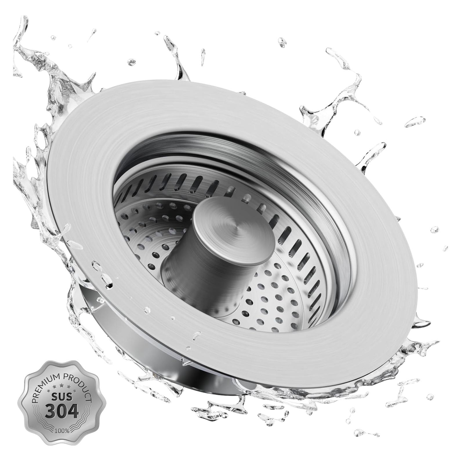 3 in 1 Kitchen Sink Drain Strainer and Stopper, 304 Stainless Steel Pop-up Anti-Clogging Basket Strainer with Brass Bounce Core, Fast Drainage Kitchen Sink Plug for Standard 3-1/2" Drain