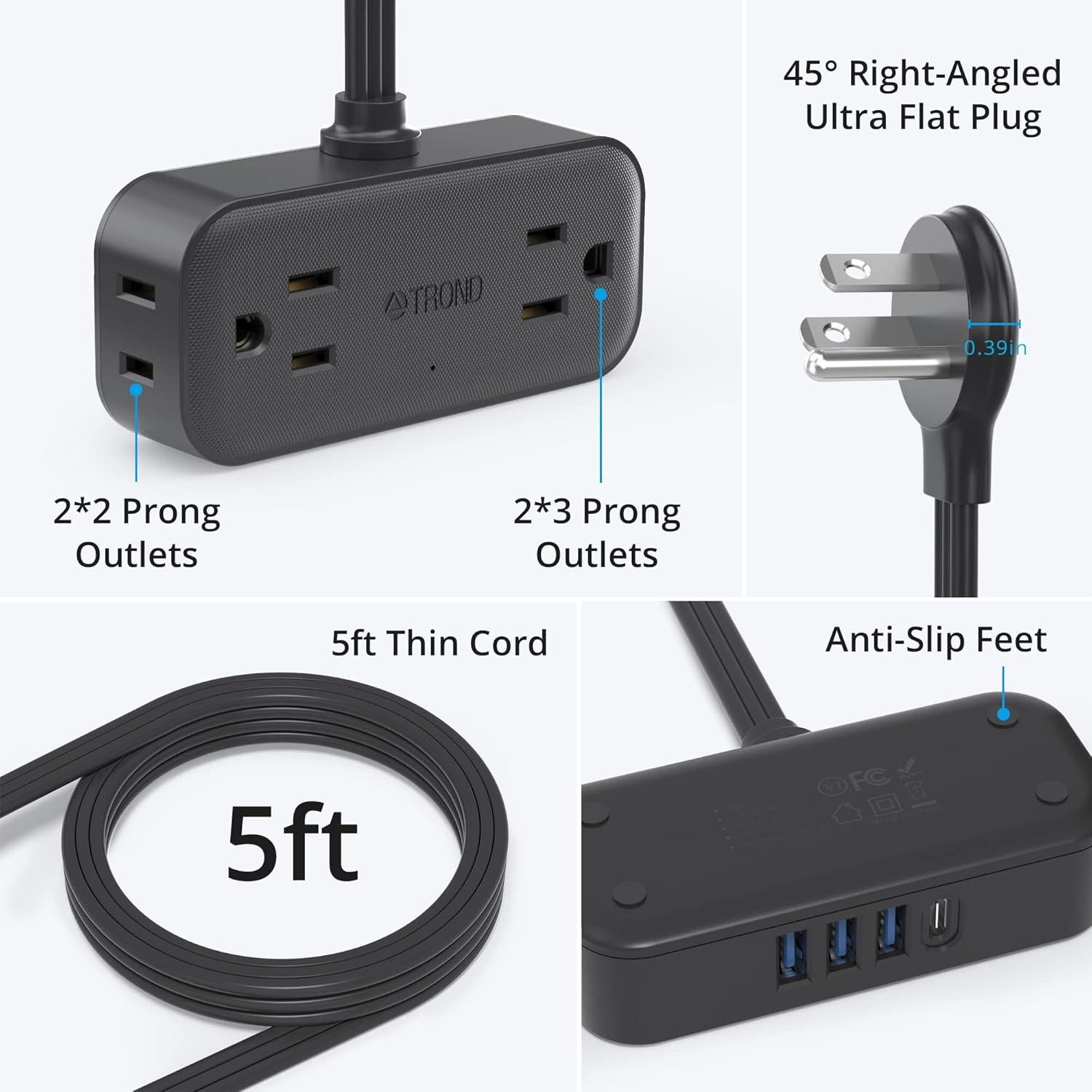 Regleta de Viaje TROND 5 Pies con 4 Enchufes y 4 USB