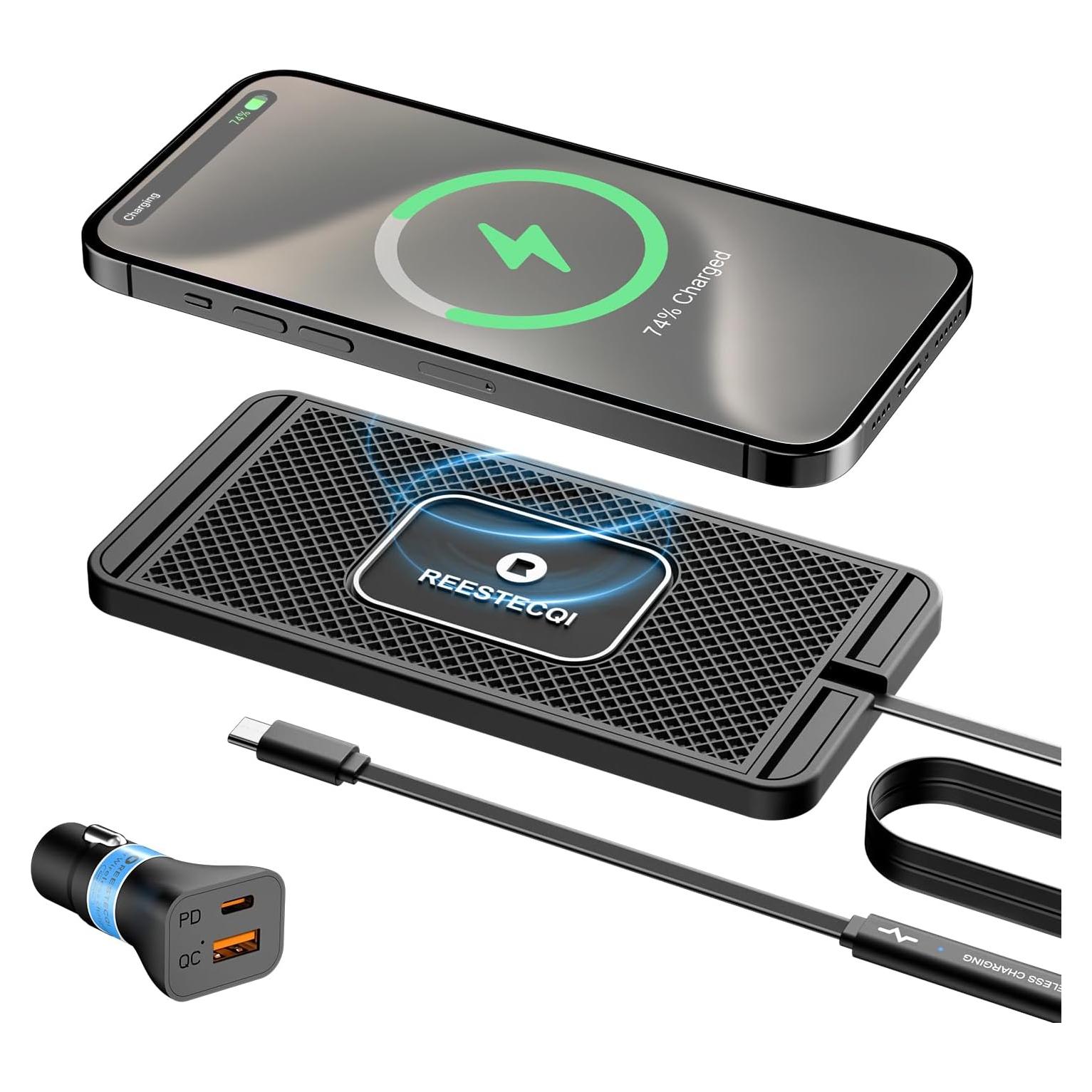 Wireless Charging Pad for Car, REESTECQI 15W Wireless Car Charger Pad Type C Charging Mat Non Slip [PD 40W Car Charger Incl] for Airpods iPhone 16/15/14/13, Samsung S24/S23/S22 (1 Meter Cable)