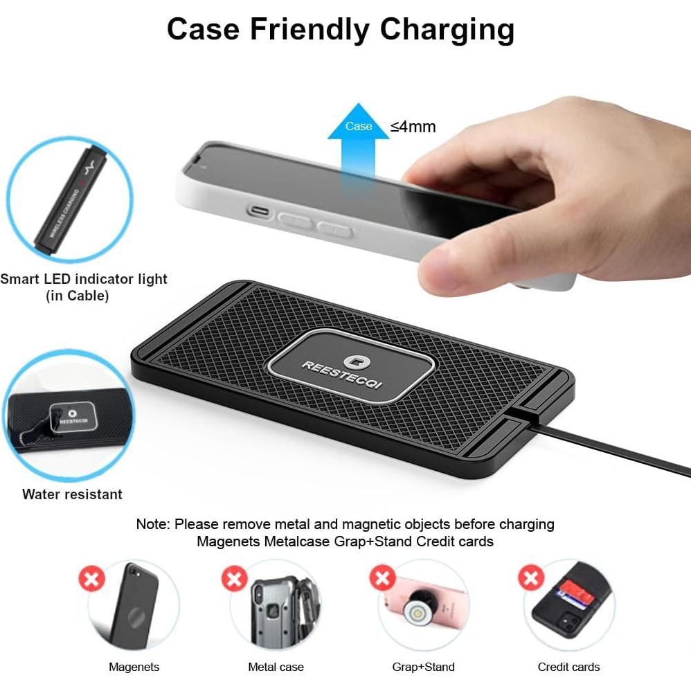 Wireless Charging Pad for Car, REESTECQI 15W Wireless Car Charger Pad Type C Charging Mat Non Slip [PD 40W Car Charger Incl] for Airpods iPhone 16/15/14/13, Samsung S24/S23/S22 (1 Meter Cable)