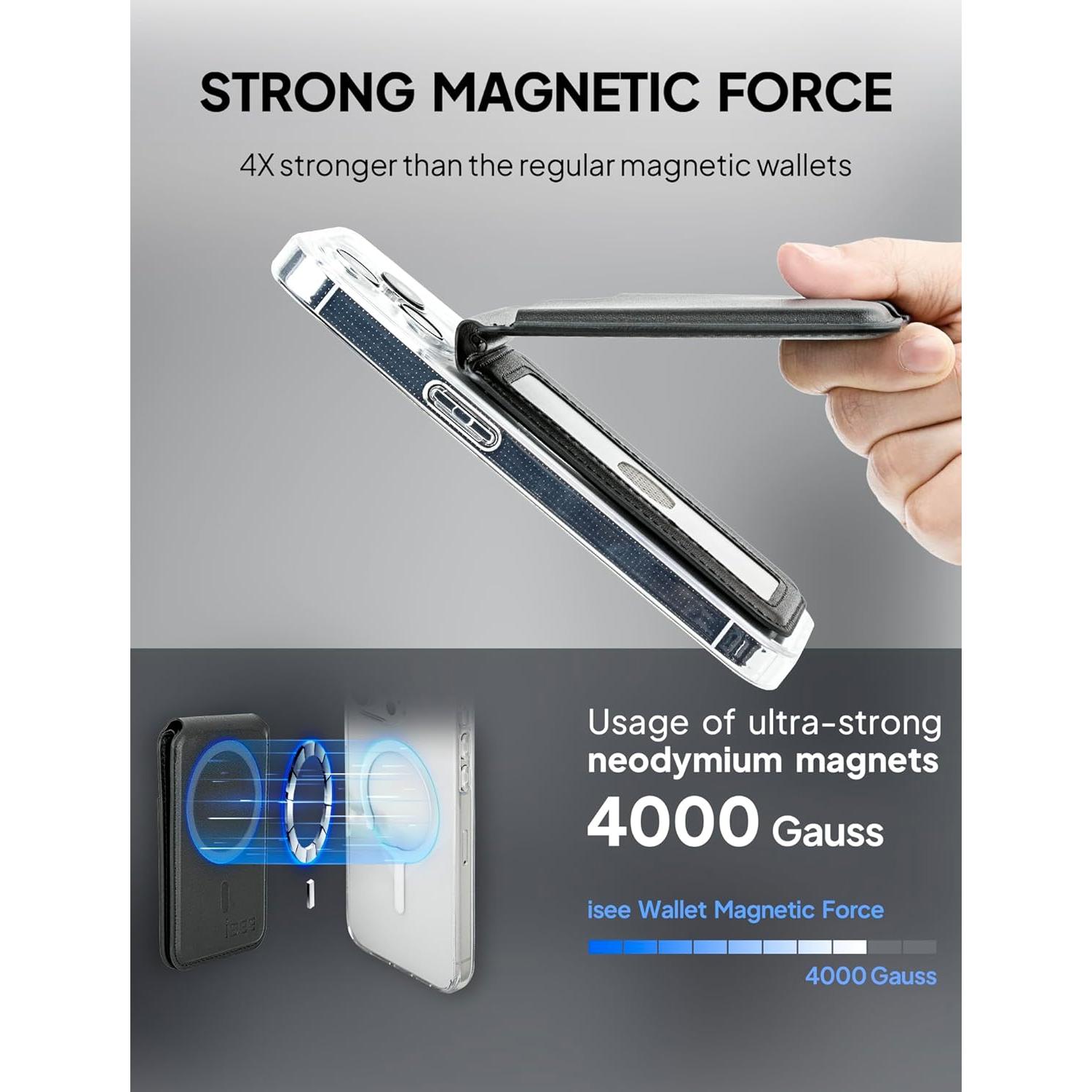 isee Magnetic Card Holder Wallet with MagSafe, Adjustable Stand for iPhone 16/15/14/13/12 Series Holds 5 Cards (Black)