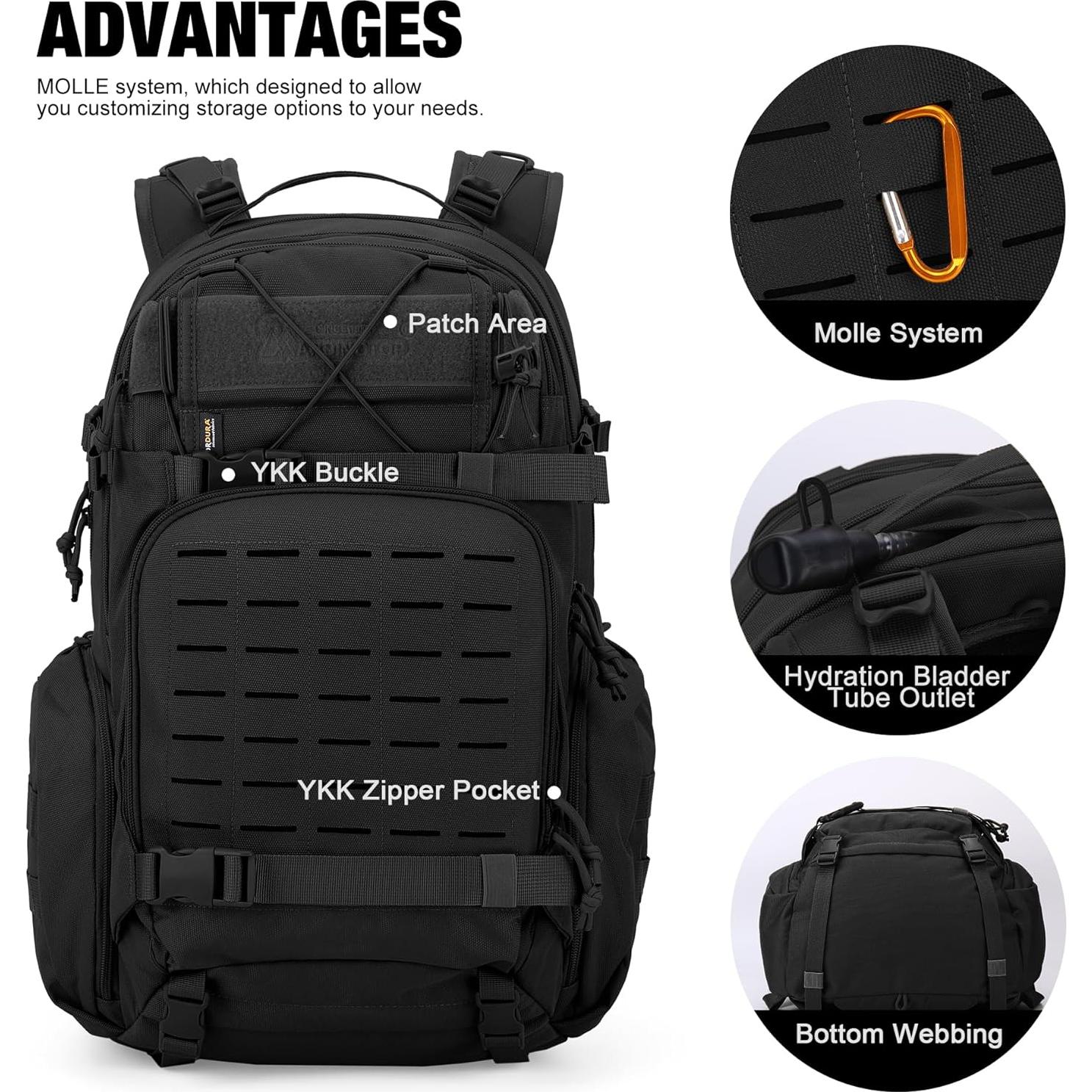 Mochila Táctica Mardingtop 35L Cordura Negra para Senderismo