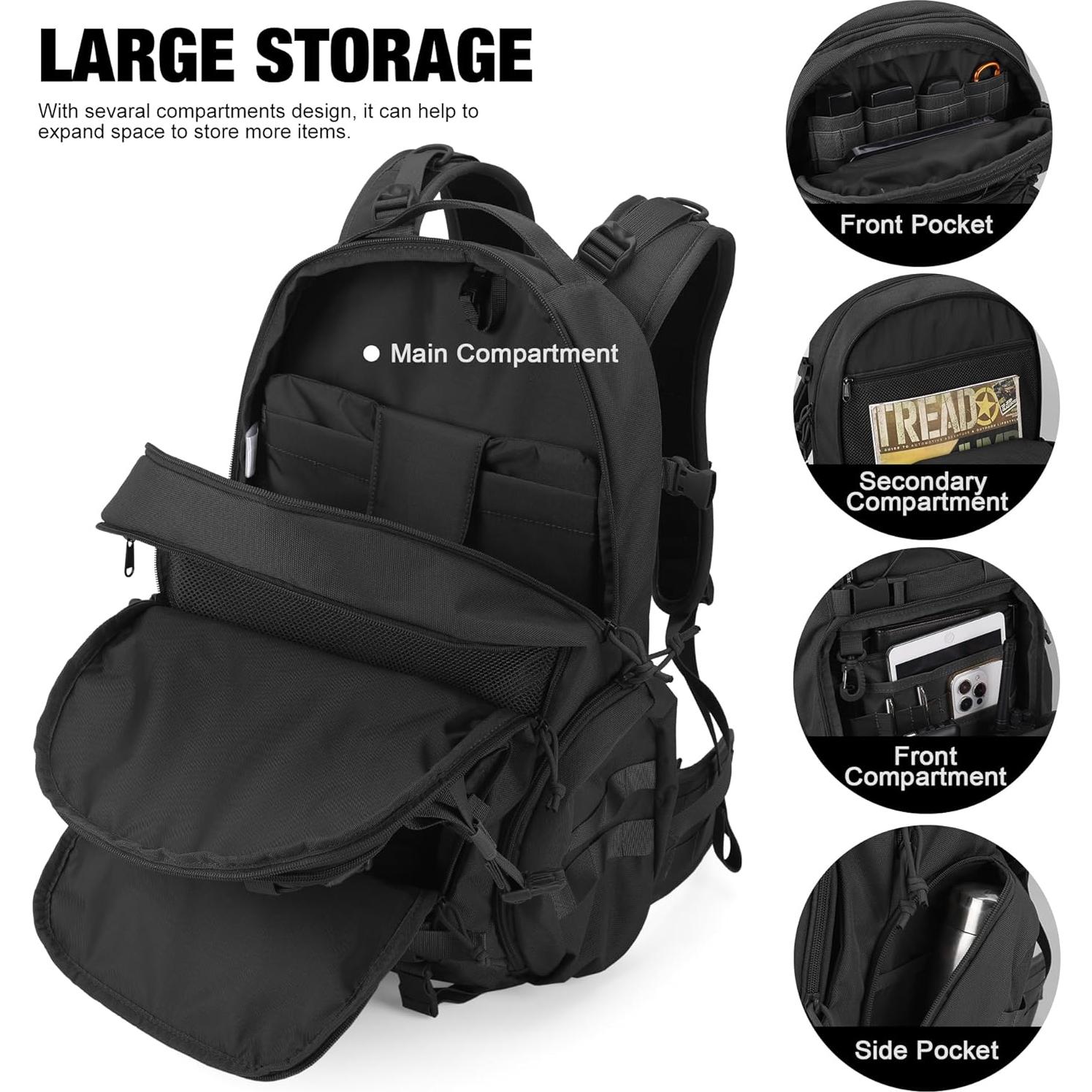 Mochila Táctica Mardingtop 35L Cordura Negra para Senderismo