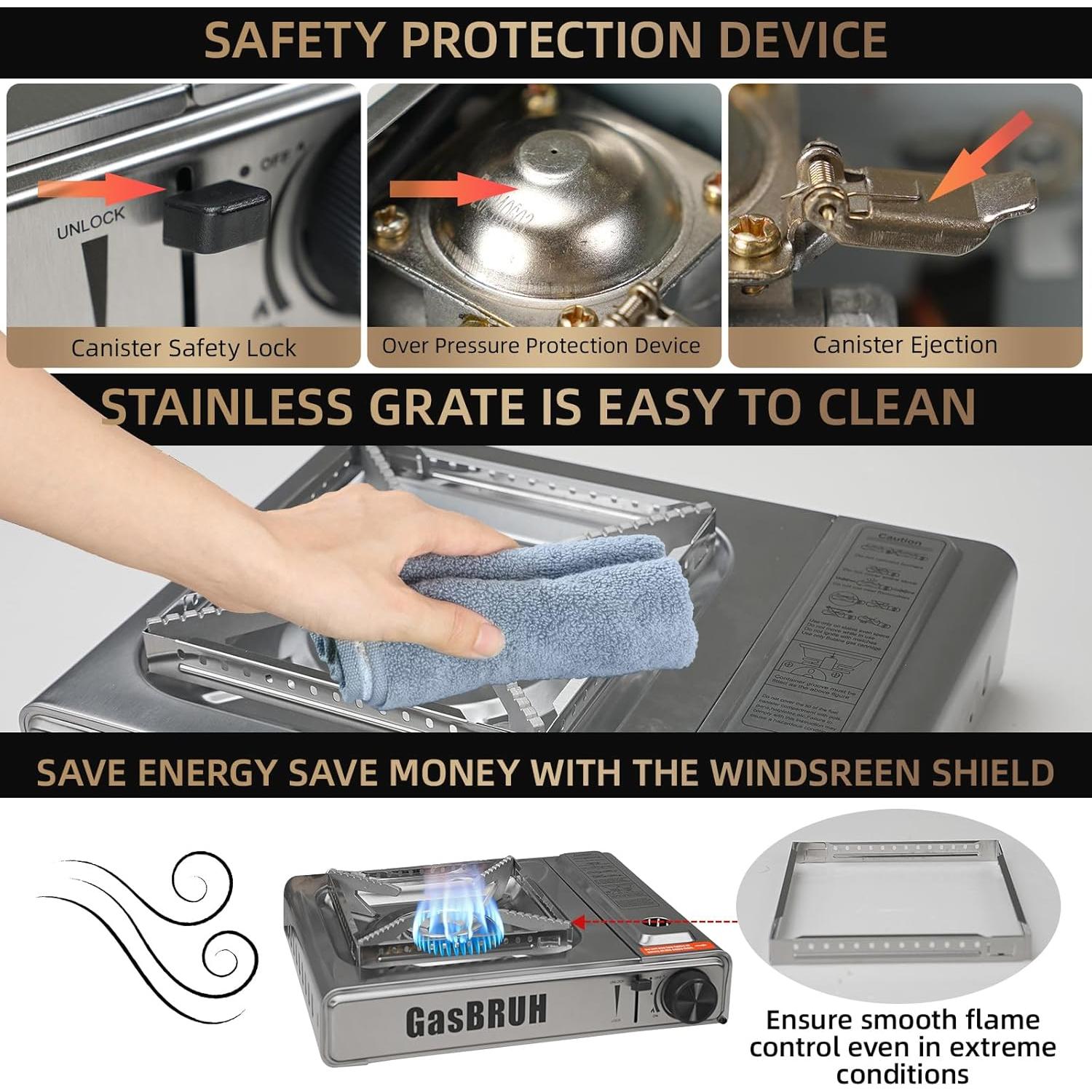 Estufa de Camping GasBRUH 1 Quemador Acero Inoxidable 10000 BTU