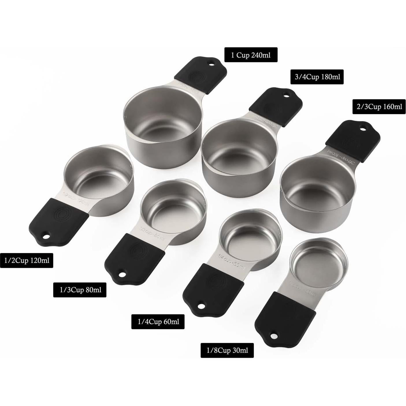 Magnetic Measuring Cups and Spoons Set Including 7 Stainless Steel Stackable Measuring Cup 8 Double Sided Magnetic Measuring Spoons with 1 Leveler for Dry and Liquid Ingredients (black)