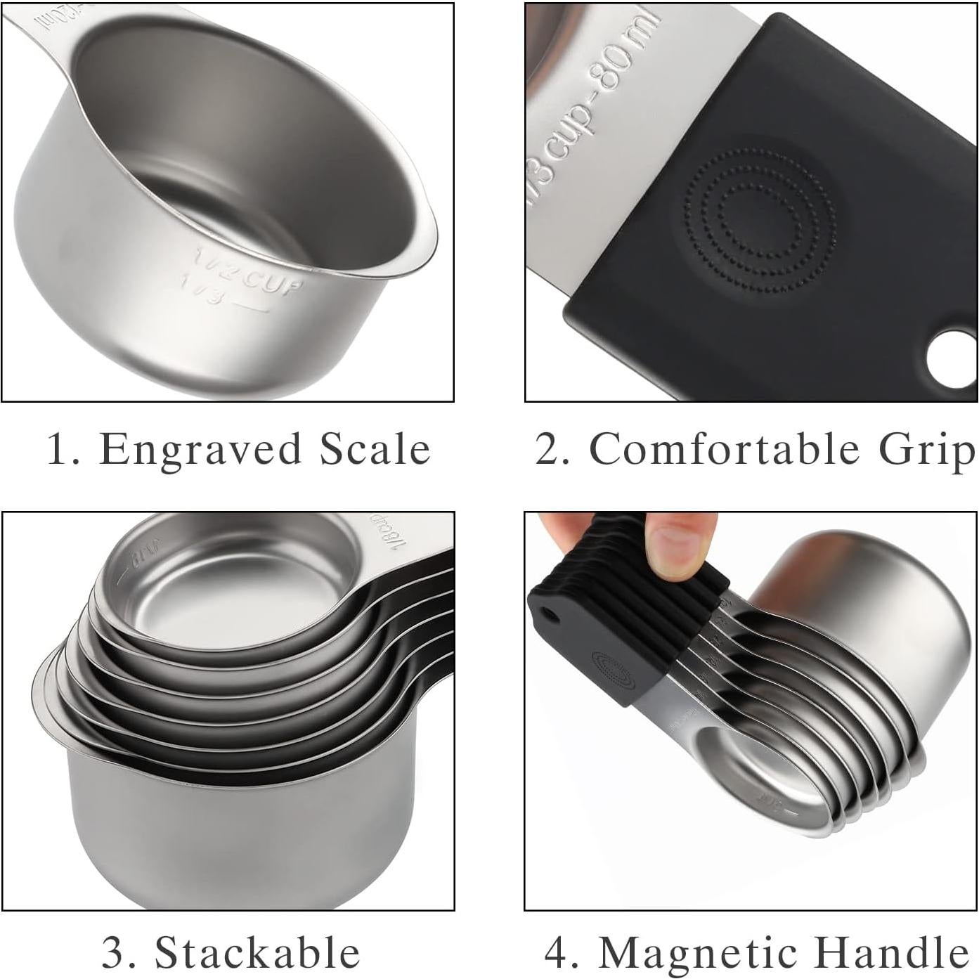 Magnetic Measuring Cups and Spoons Set Including 7 Stainless Steel Stackable Measuring Cup 8 Double Sided Magnetic Measuring Spoons with 1 Leveler for Dry and Liquid Ingredients (black)