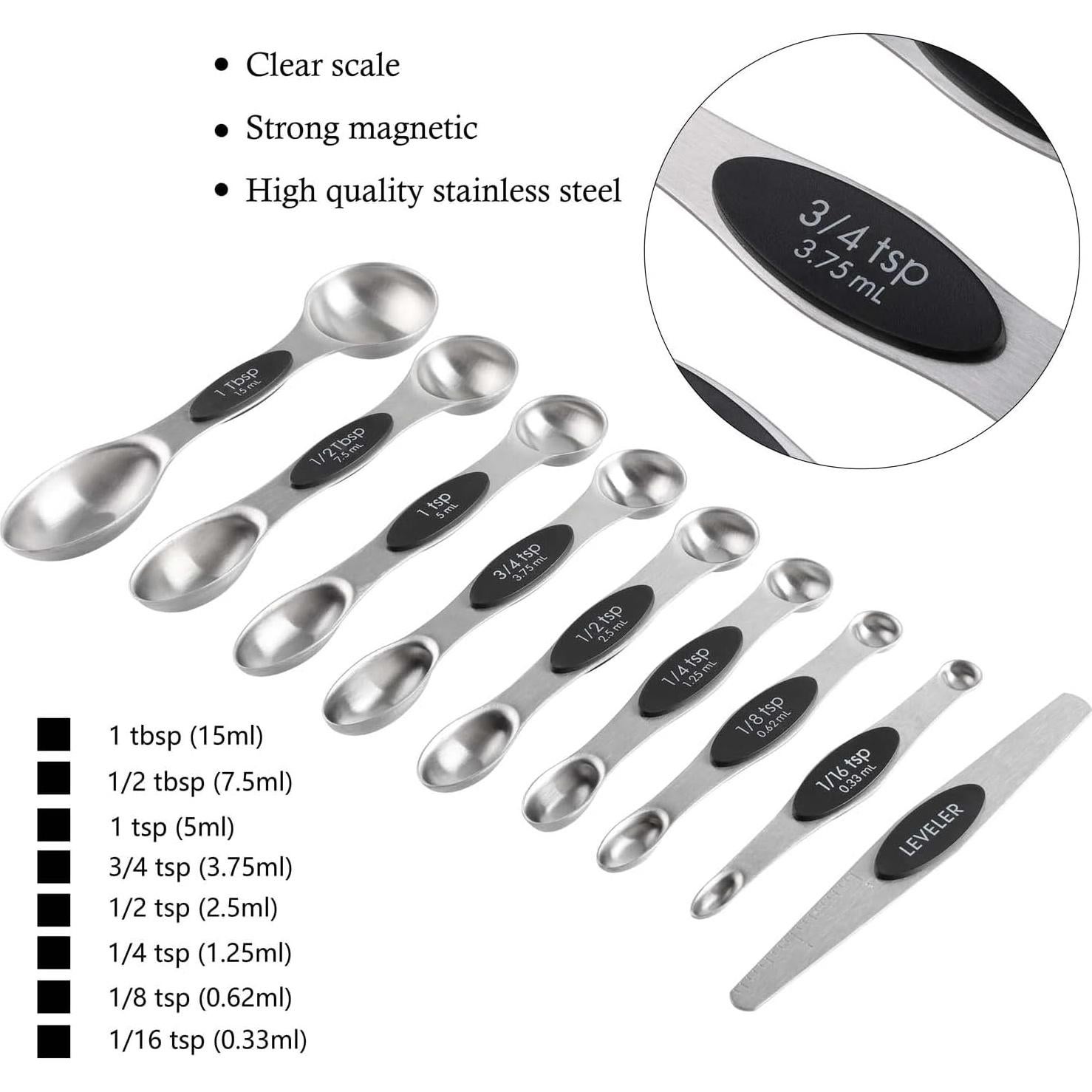 Magnetic Measuring Cups and Spoons Set Including 7 Stainless Steel Stackable Measuring Cup 8 Double Sided Magnetic Measuring Spoons with 1 Leveler for Dry and Liquid Ingredients (black)