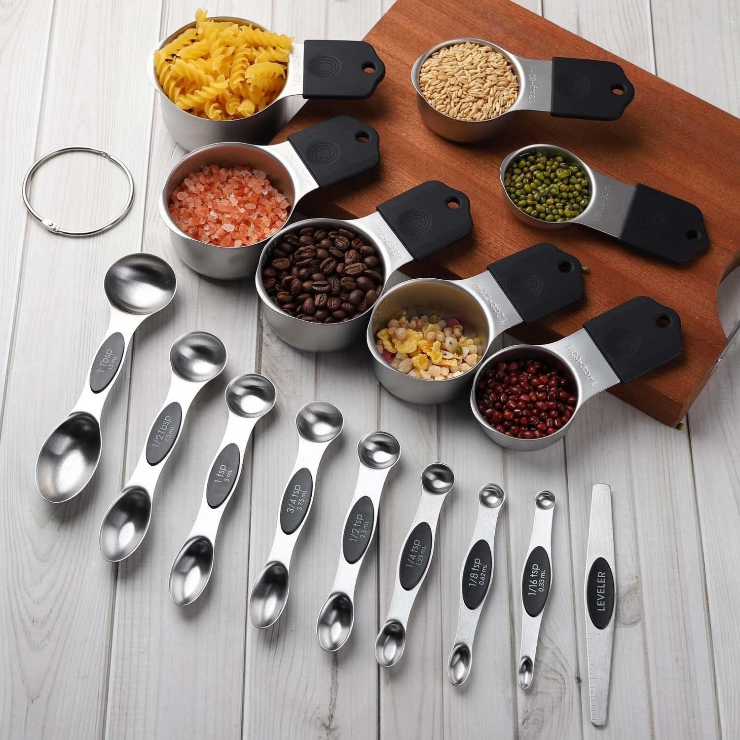 Magnetic Measuring Cups and Spoons Set Including 7 Stainless Steel Stackable Measuring Cup 8 Double Sided Magnetic Measuring Spoons with 1 Leveler for Dry and Liquid Ingredients (black)
