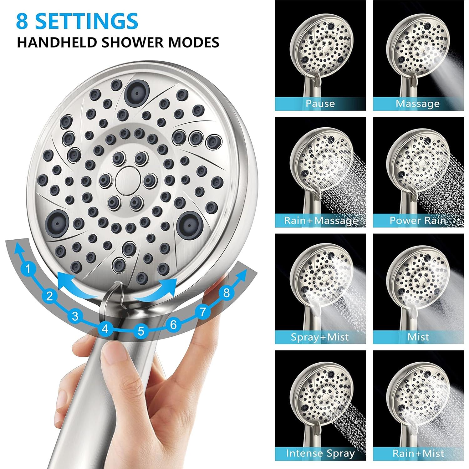 EMBATHER Shower Faucets Sets Complete, with 3 Setting High Pressure Shower Head Combo, Bathroom Wall Mounted Rainfall Shower System Fixtures with 8-Mode Handheld Spray, Brushed Nickel