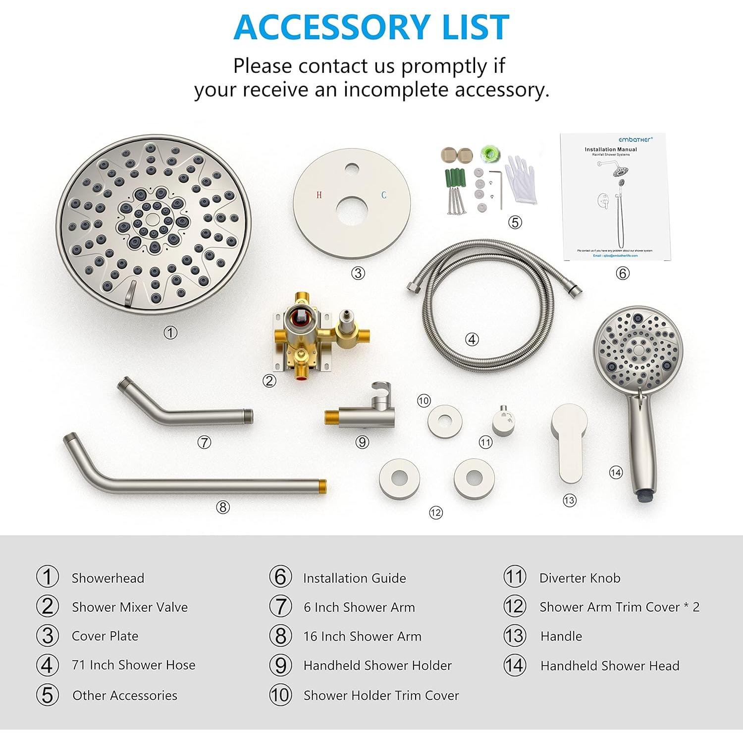 EMBATHER Shower Faucets Sets Complete, with 3 Setting High Pressure Shower Head Combo, Bathroom Wall Mounted Rainfall Shower System Fixtures with 8-Mode Handheld Spray, Brushed Nickel