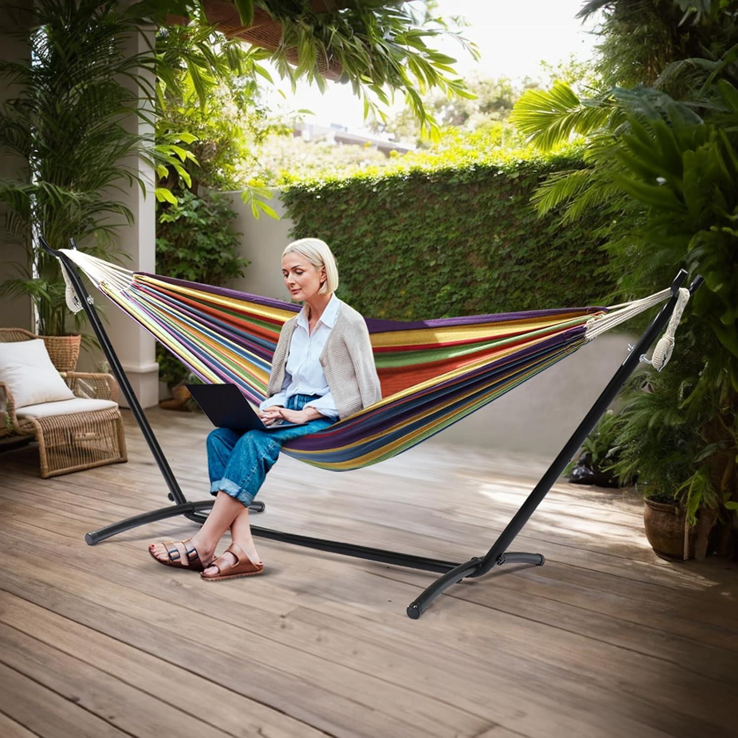 Hamaca Doble ONCLOUD con Soporte 250 kg Rayas Arcoiris