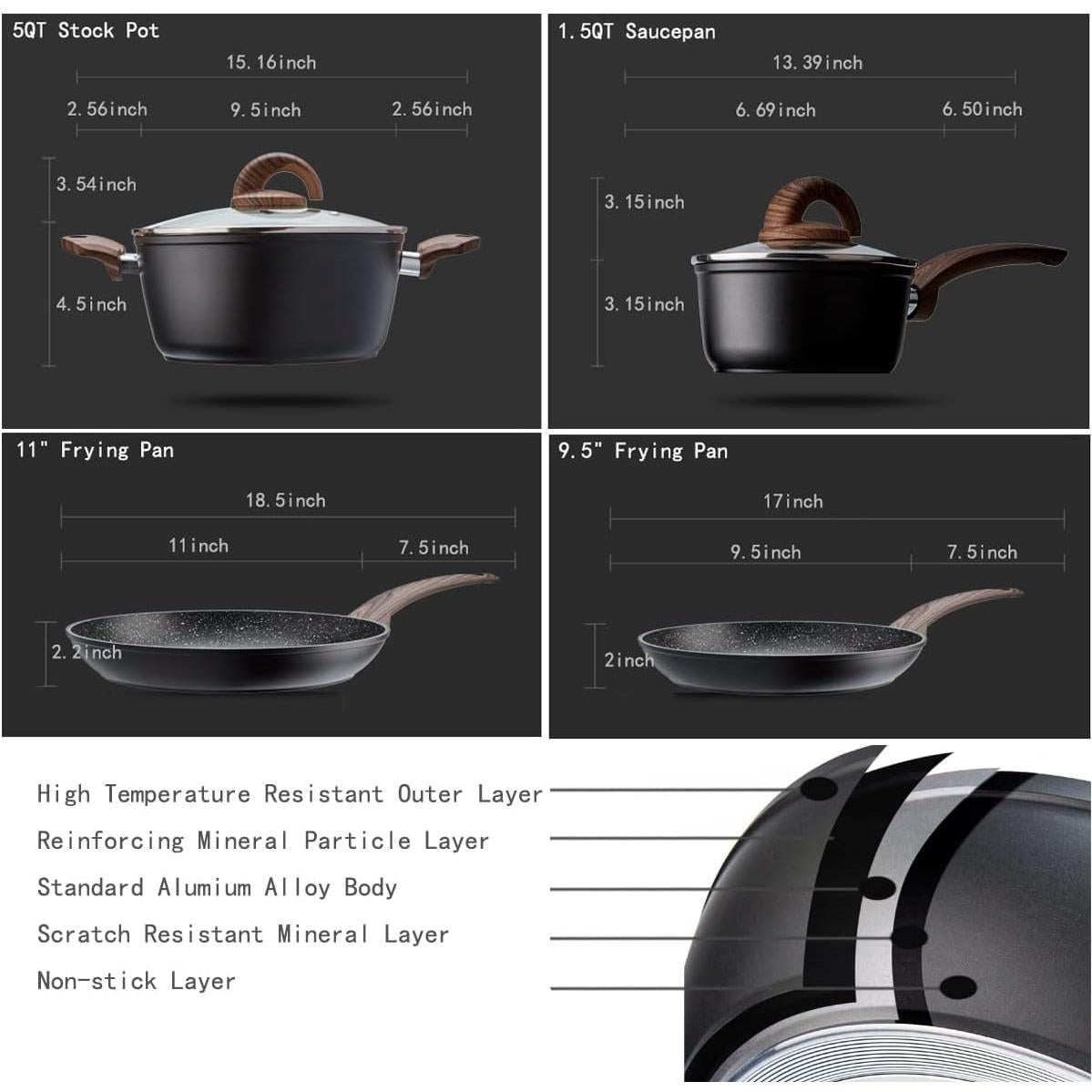 Juego de Ollas y Sartenes Vkoocy 6 Piezas Cerámica Antiadherente