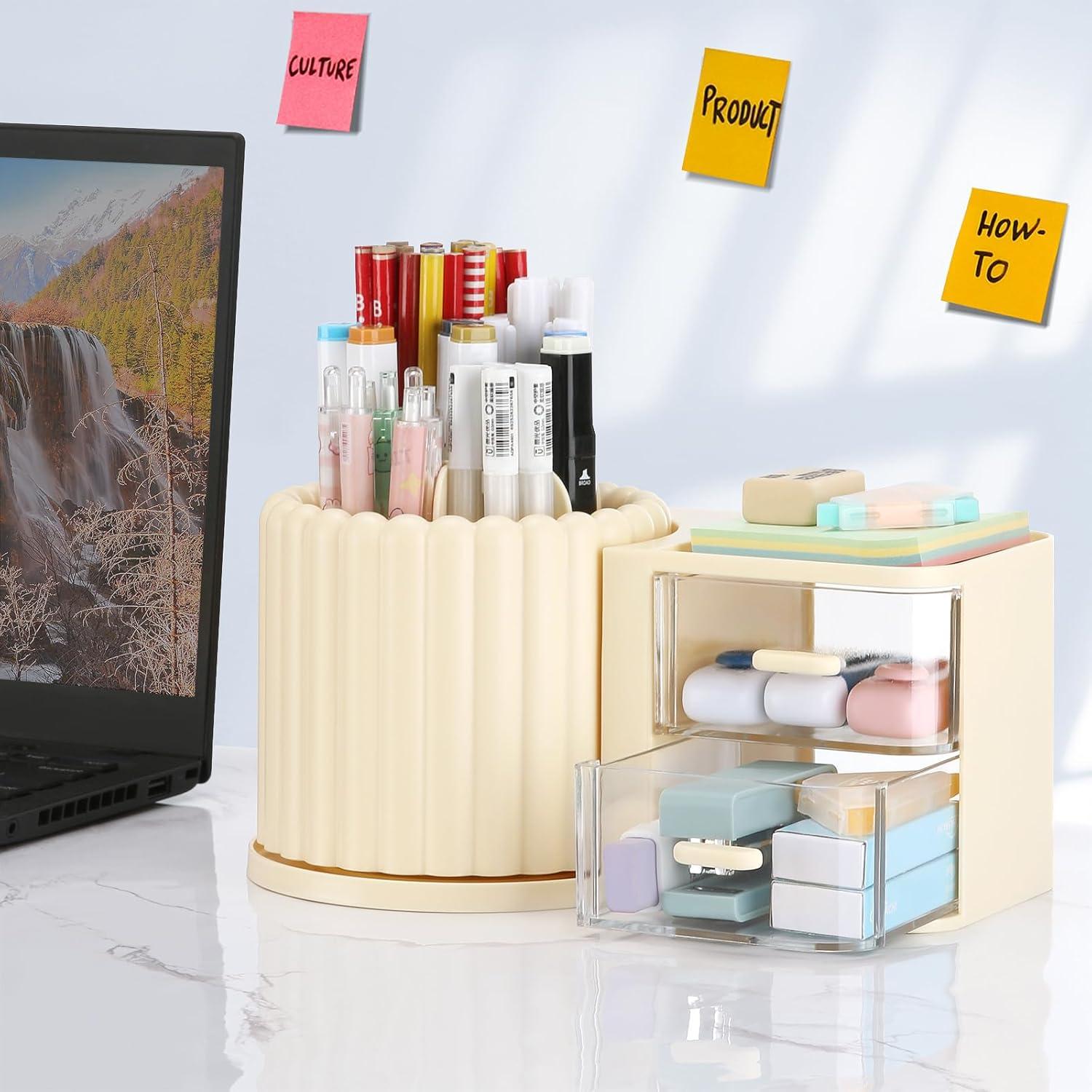 Organizador de Escritorio LETURE Rotativo con 2 Cajones Crema