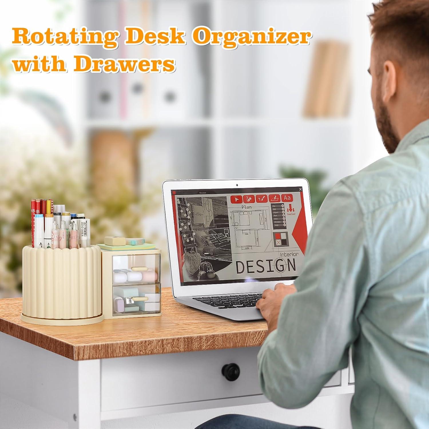 Organizador de Escritorio LETURE Rotativo con 2 Cajones Crema