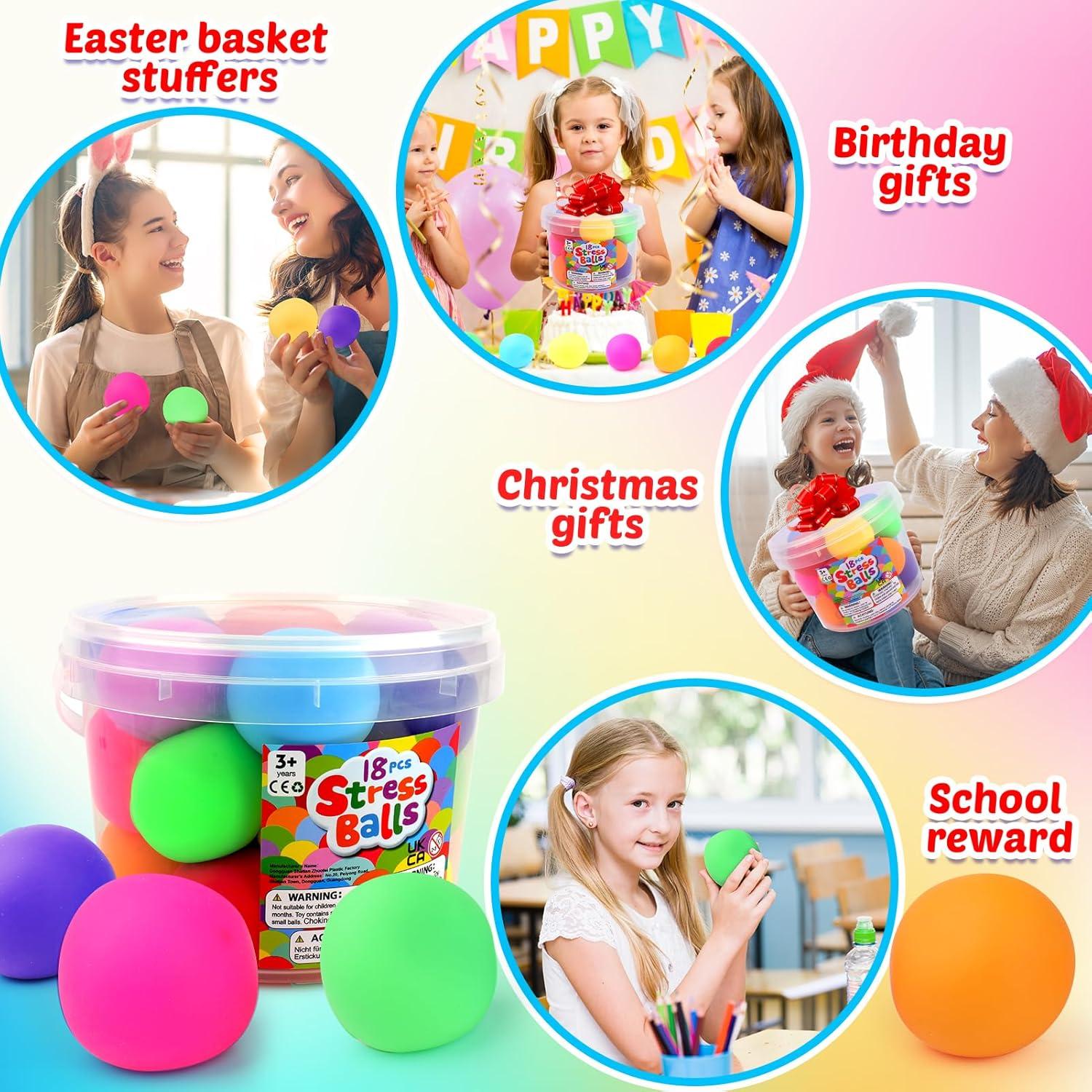 Squishy Stress Balls for Kids Adults: 18 Pack Stretchy Fidget Ball for Anxiety Stress Relief, Hand Therapy Sensory Squishy Ball, Party Favors Classroom Prizes, Fidgets for Classroom Prize Box Toys