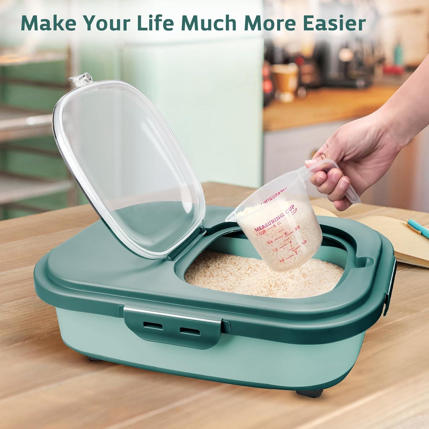 Rice Storage Containers, Collapsible 20 to 30Lbs Food Storage Bin Dispenser with Rolling Wheel and Clear Airtight Lid, BPA Free Flour, Sugar, Cereal and Dog Cat Pet food Containers