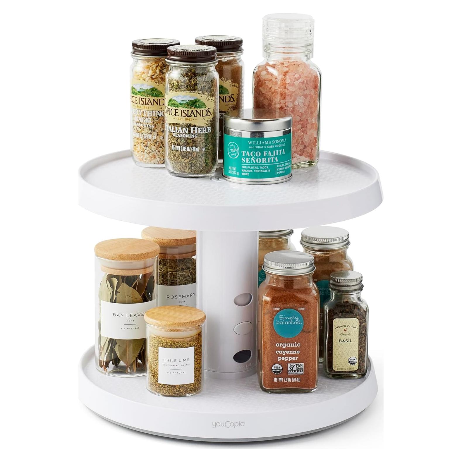 YouCopia Crazy Susan Two-Tier Turntable, Height-Adjustable Lazy Susan Organizer for Kitchen Cabinet and Pantry Organization and Storage, White