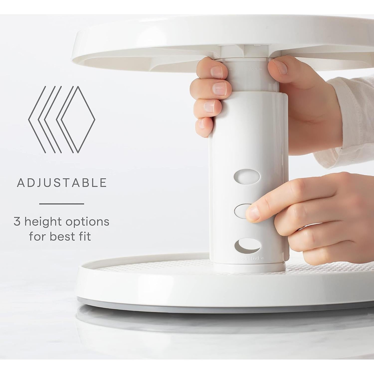 YouCopia Crazy Susan Two-Tier Turntable, Height-Adjustable Lazy Susan Organizer for Kitchen Cabinet and Pantry Organization and Storage, White