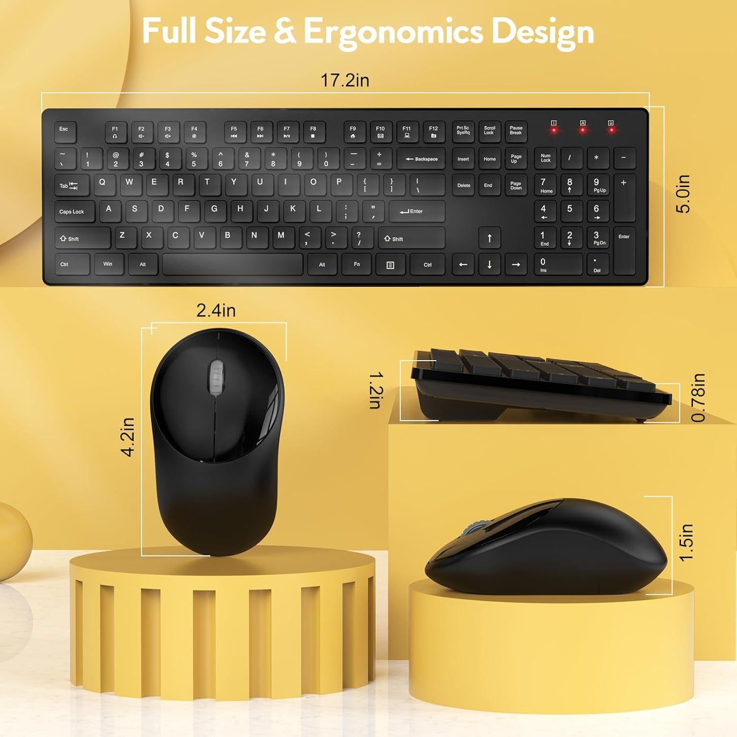 Wireless Keyboard and Mouse, Trueque Silent 2.4GHz Cordless Full-Sized Ergonomic USB Mouse Combo, Sleep Mode, Lag-Free for Computer, Laptop, PC, Mac, Windows (2 Pack-Black)