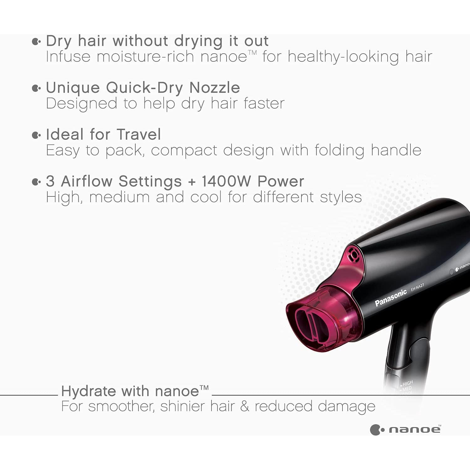 Secador de pelo compacto Panasonic EH-NA27-K 1400W negro/rosa