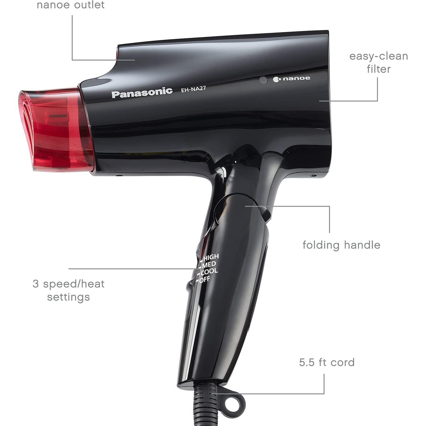 Secador de pelo compacto Panasonic EH-NA27-K 1400W negro/rosa
