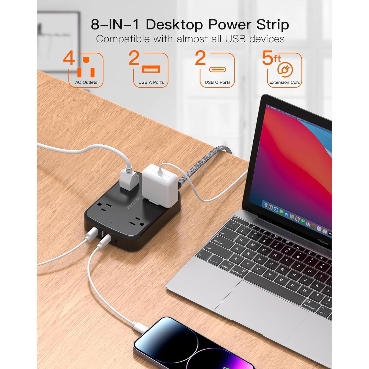 Regleta de Protección BESHON 1.5m con 4 USB y 4 Salidas