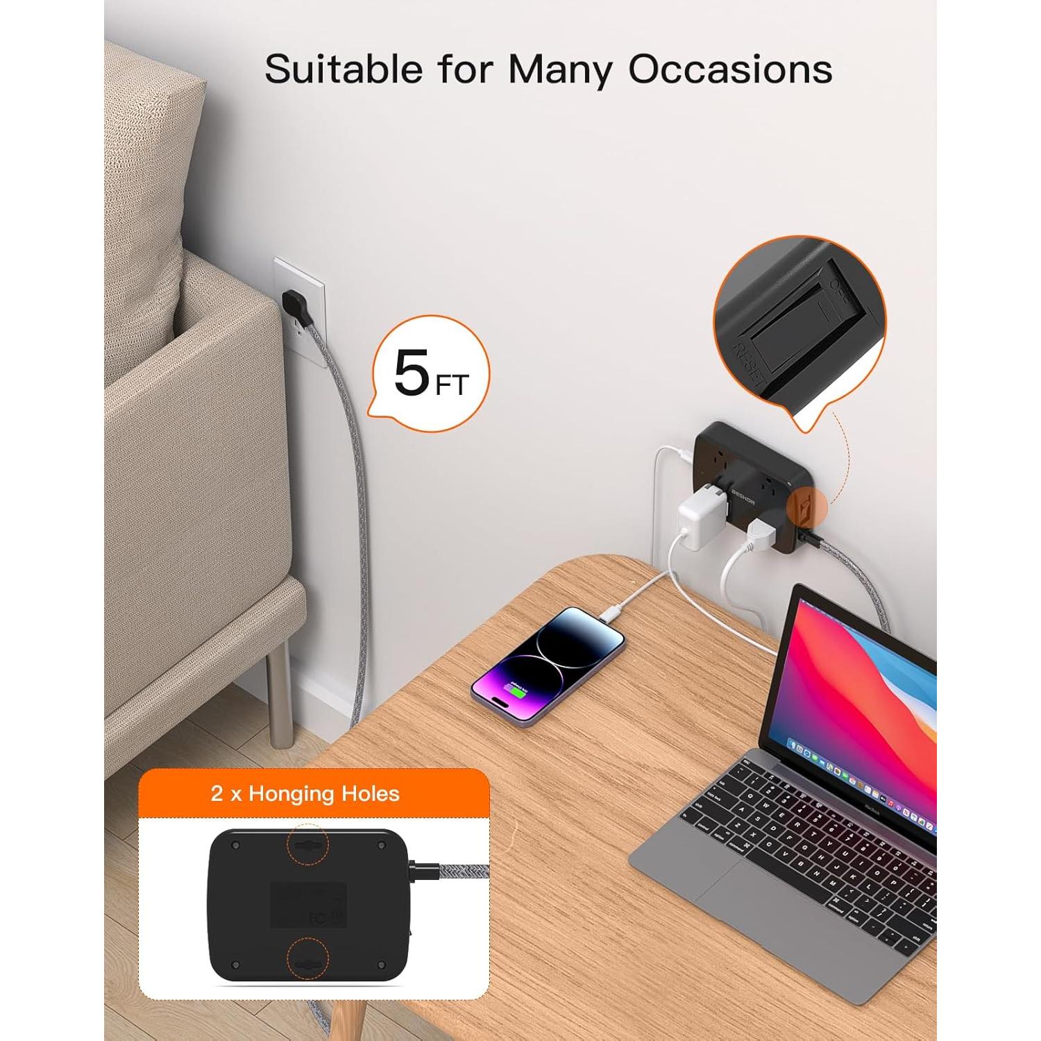 Regleta de Protección BESHON 1.5m con 4 USB y 4 Salidas