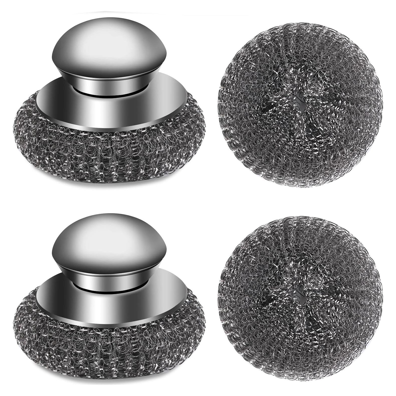 4pcs Steel Wool Scrubber with Replacement Wire Pads Set, Stainless Steel Scrubber with Handle for Scouring Stubborn Messes from Cast Iron, Pots, Pans, Grill, Stoves, Sink(2 Scrubber+2 Pads) (Silver)