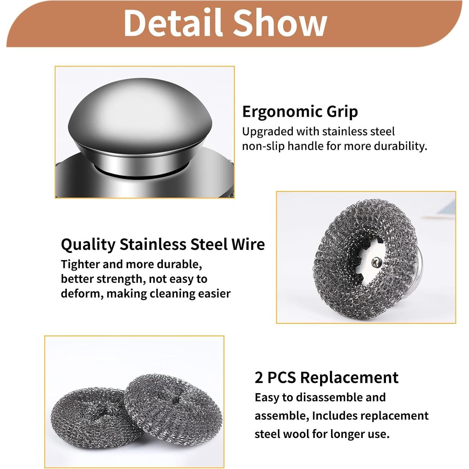 4pcs Steel Wool Scrubber with Replacement Wire Pads Set, Stainless Steel Scrubber with Handle for Scouring Stubborn Messes from Cast Iron, Pots, Pans, Grill, Stoves, Sink(2 Scrubber+2 Pads) (Silver)