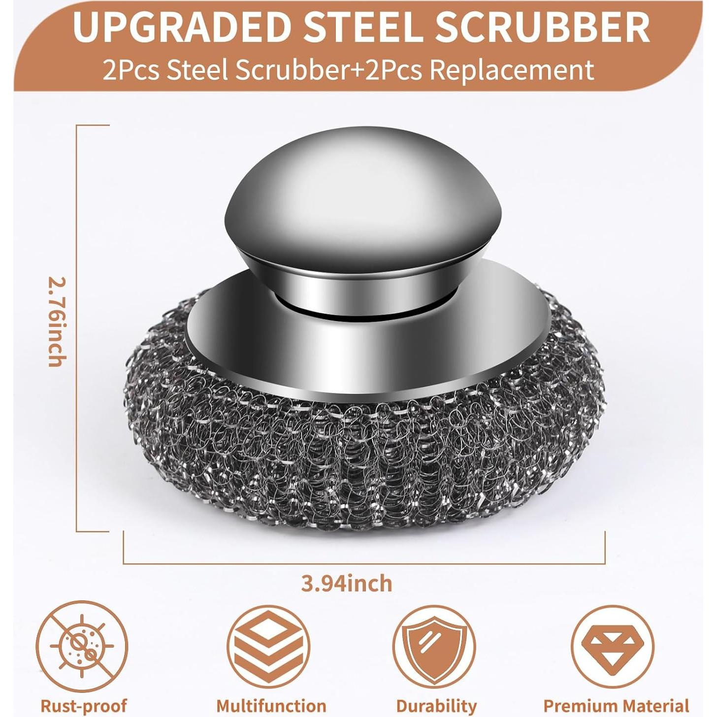 4pcs Steel Wool Scrubber with Replacement Wire Pads Set, Stainless Steel Scrubber with Handle for Scouring Stubborn Messes from Cast Iron, Pots, Pans, Grill, Stoves, Sink(2 Scrubber+2 Pads) (Silver)