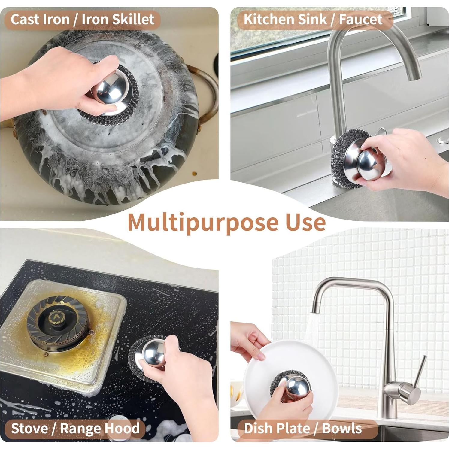 4pcs Steel Wool Scrubber with Replacement Wire Pads Set, Stainless Steel Scrubber with Handle for Scouring Stubborn Messes from Cast Iron, Pots, Pans, Grill, Stoves, Sink(2 Scrubber+2 Pads) (Silver)