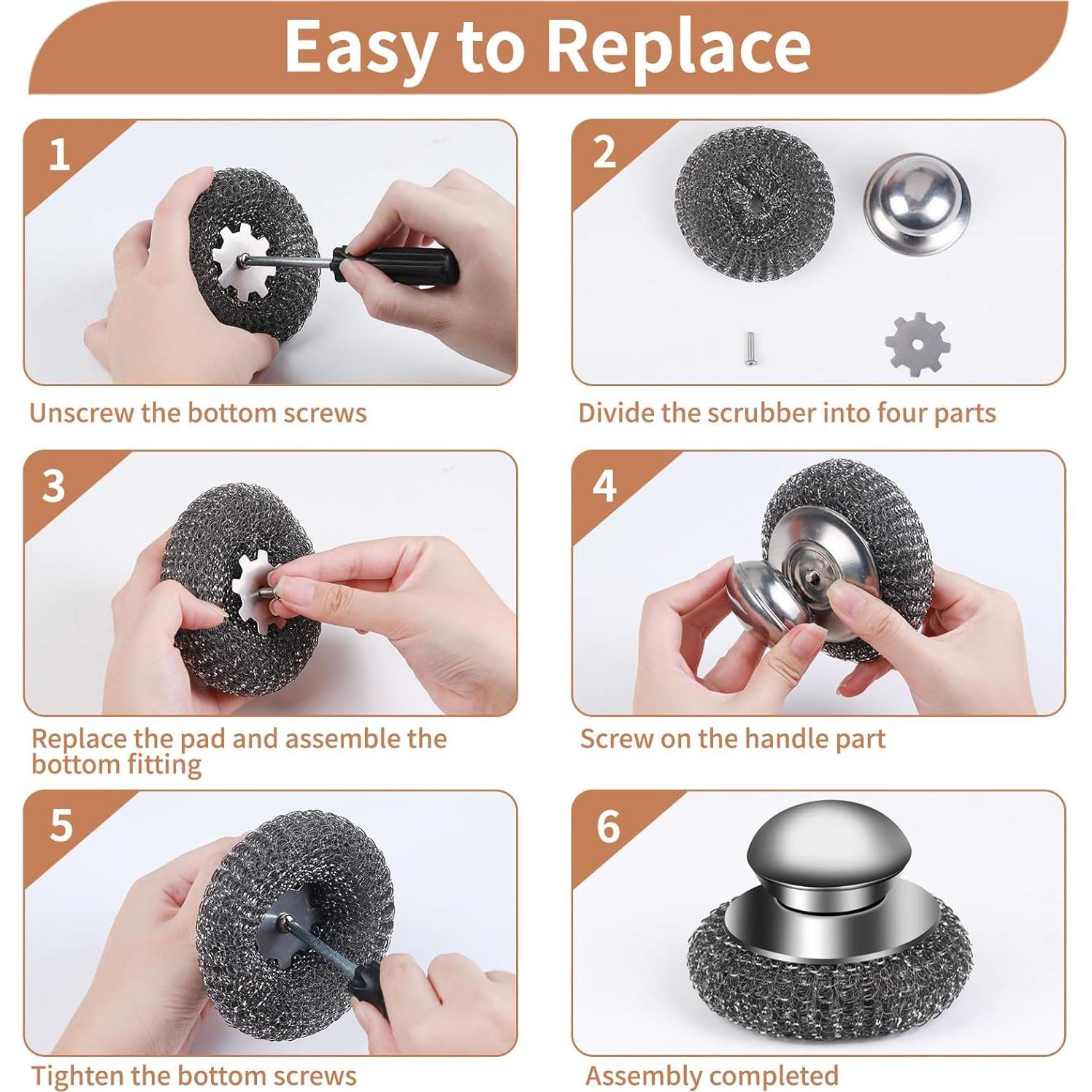 4pcs Steel Wool Scrubber with Replacement Wire Pads Set, Stainless Steel Scrubber with Handle for Scouring Stubborn Messes from Cast Iron, Pots, Pans, Grill, Stoves, Sink(2 Scrubber+2 Pads) (Silver)