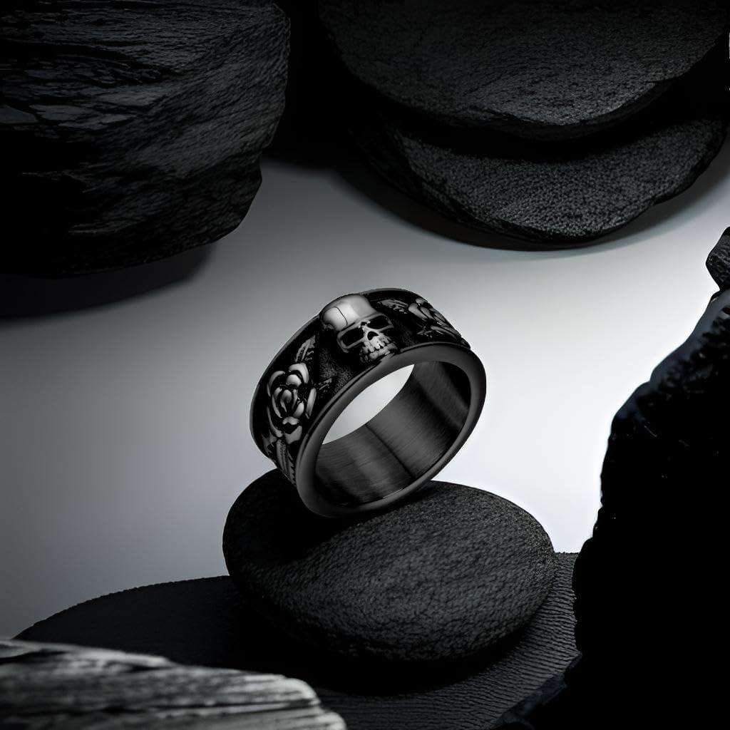 Anillo Gótico Elfasio de Acero Inoxidable con Calavera y Rosa