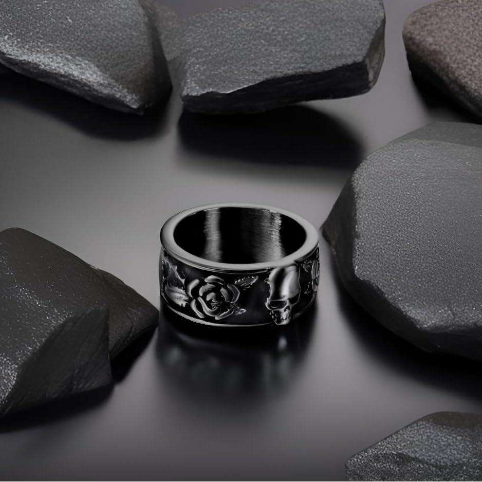Anillo Gótico Elfasio de Acero Inoxidable con Calavera y Rosa
