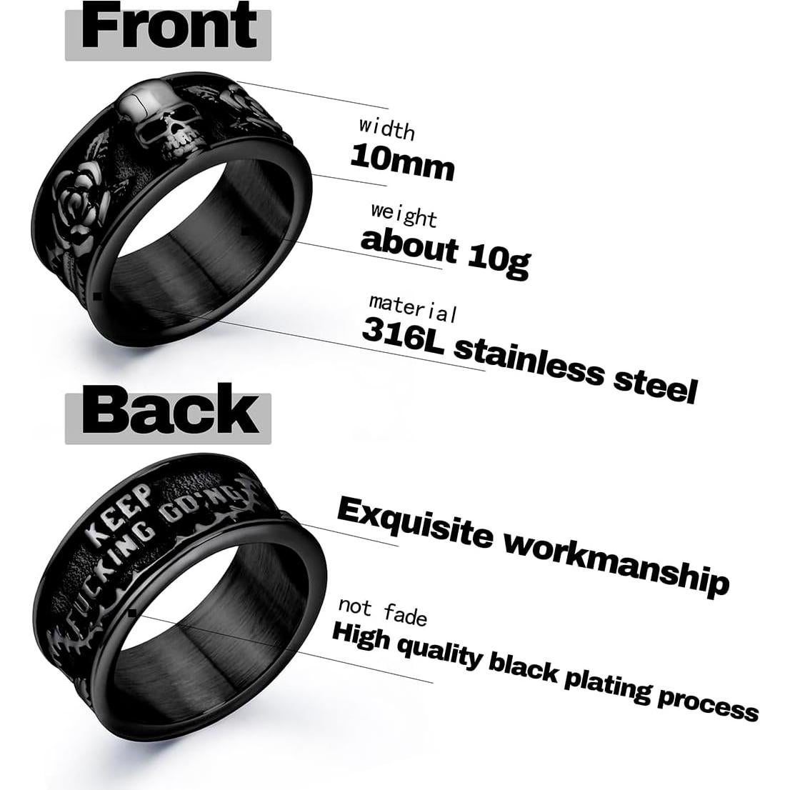 Anillo Gótico Elfasio de Acero Inoxidable con Calavera y Rosa