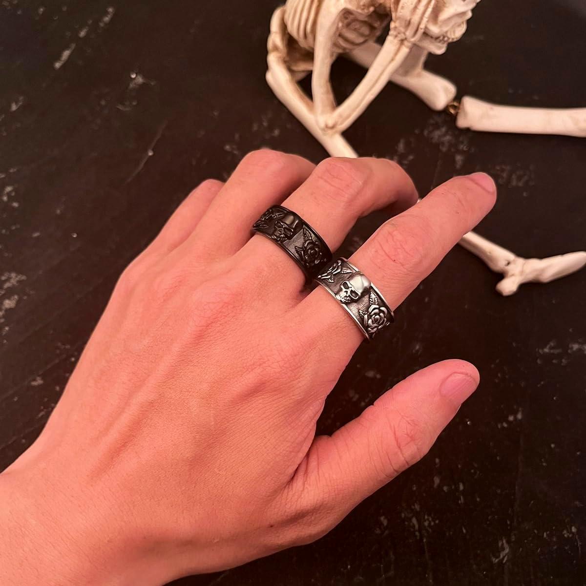 Anillo Gótico Elfasio de Acero Inoxidable con Calavera y Rosa
