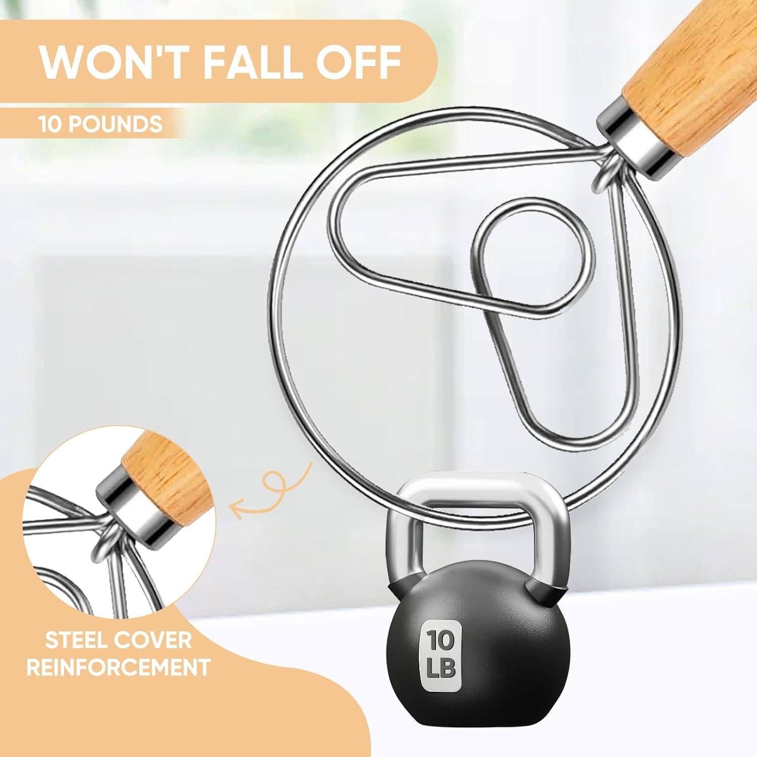 Maxjoy Danish Dough Whisk Dutch Bread Mixer Sourdough Baking Tool with Wooden Handle and Stainless Steel Hook