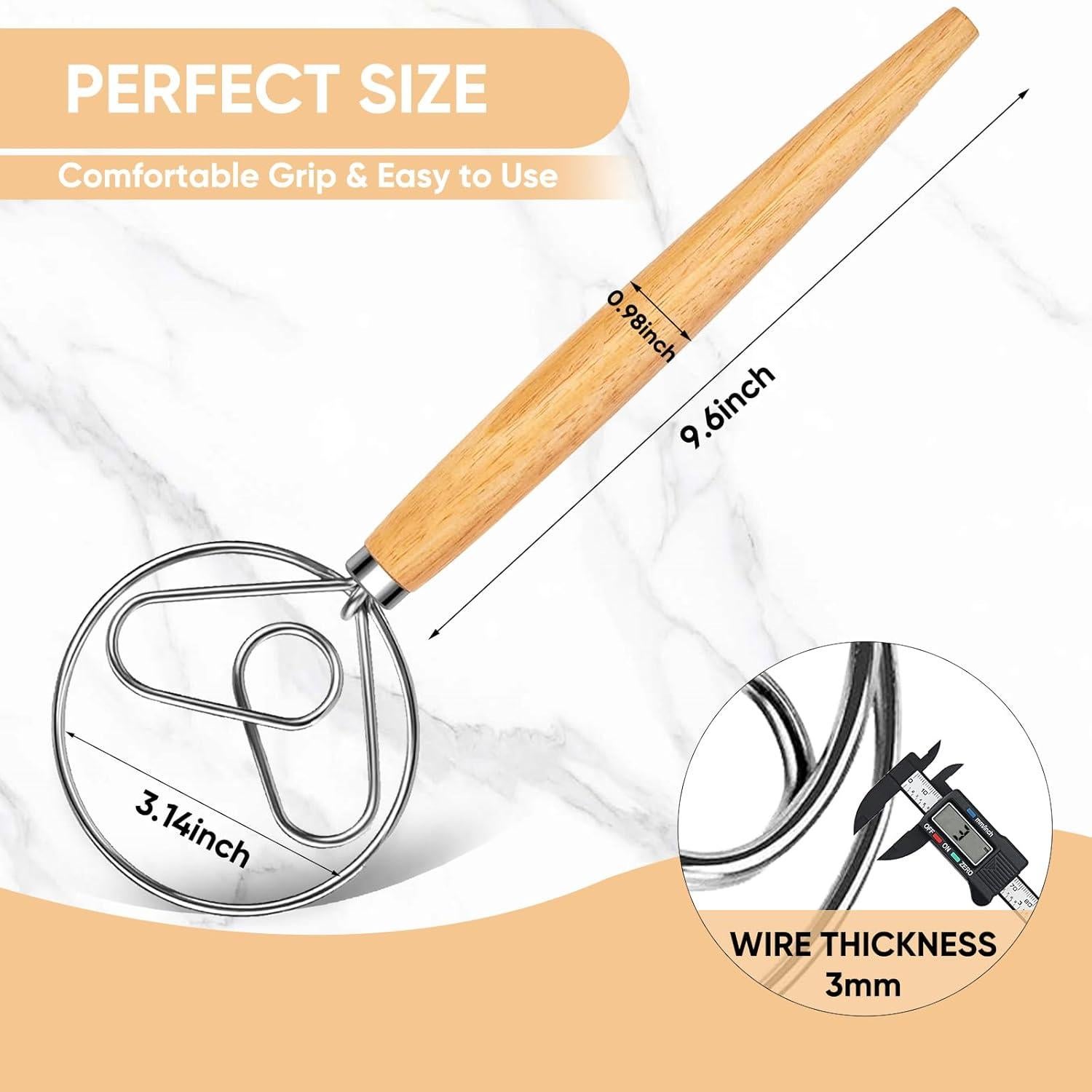 Maxjoy Danish Dough Whisk Dutch Bread Mixer Sourdough Baking Tool with Wooden Handle and Stainless Steel Hook