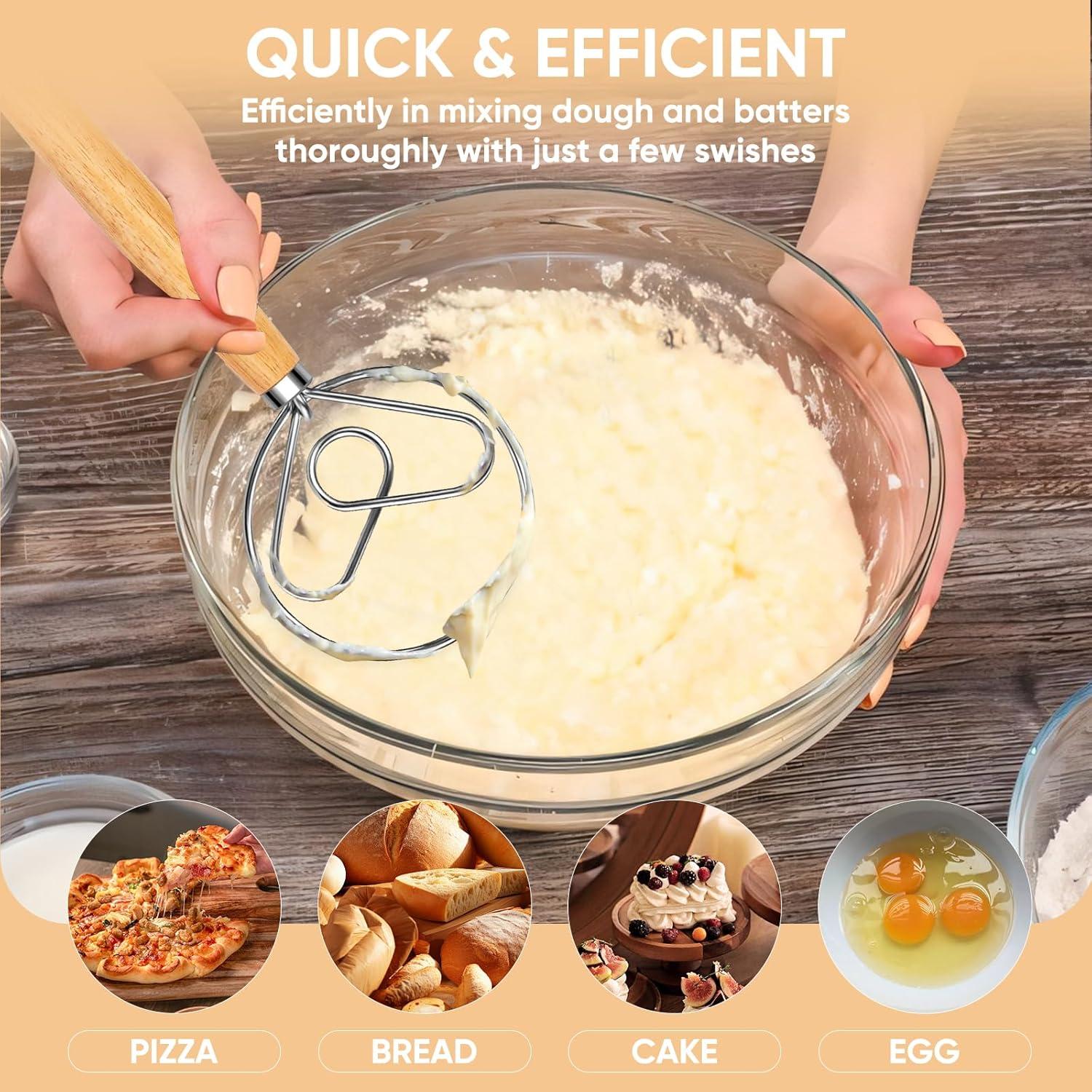 Maxjoy Danish Dough Whisk Dutch Bread Mixer Sourdough Baking Tool with Wooden Handle and Stainless Steel Hook