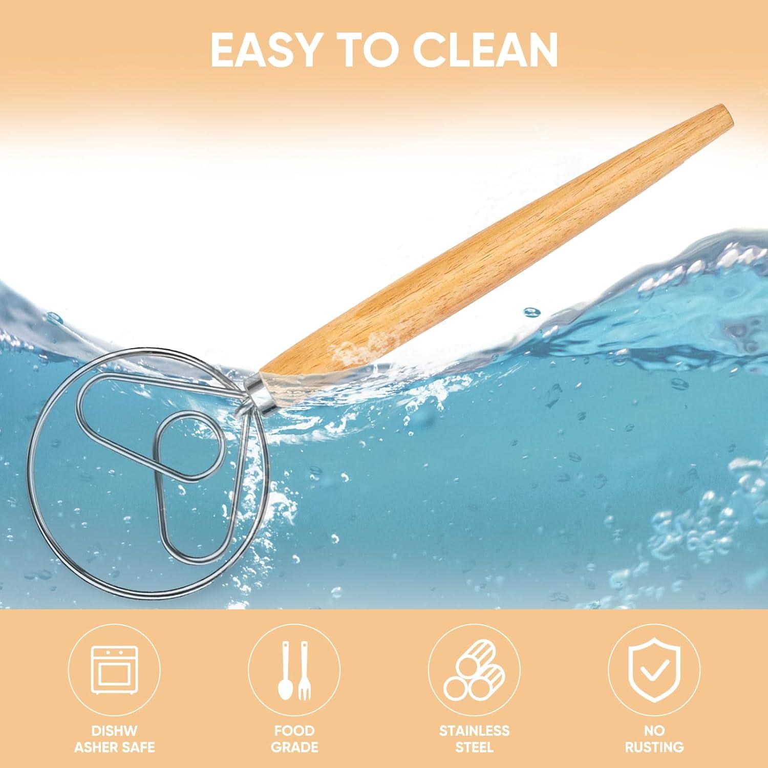 Maxjoy Danish Dough Whisk Dutch Bread Mixer Sourdough Baking Tool with Wooden Handle and Stainless Steel Hook