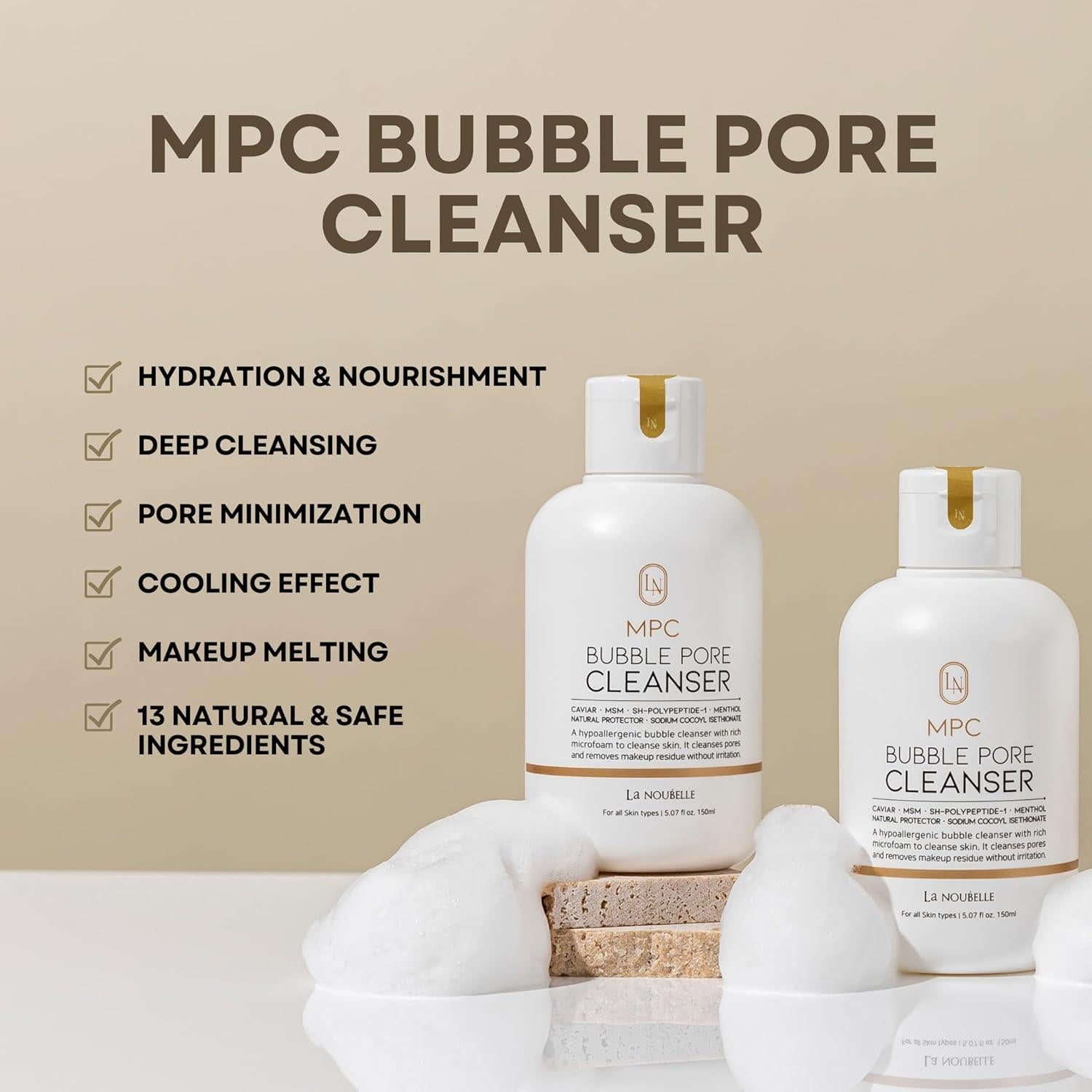 MPC Bubble Pore Cleanser, Korean Face Wash, Gentle Deep Pore Facial Cleanser with Caviar, Blackhead Makeup Remover, Pore Minimizer, Hydrating, Exfoliator, Oily, Dry Skin 5.07 fl oz