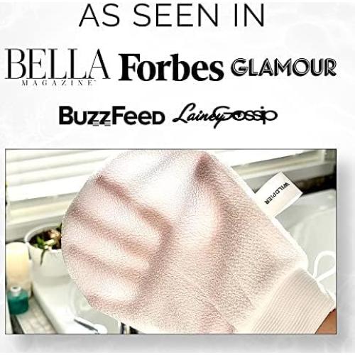 Wildpier Beauty Exfoliating Glove 2 Pack Mitt Body Scrub for Bath Shower Spa Hand Exfoliator Gloves, Dead Skin Cell Remover, Plant Based Deep Exfoliation Scrubber, White