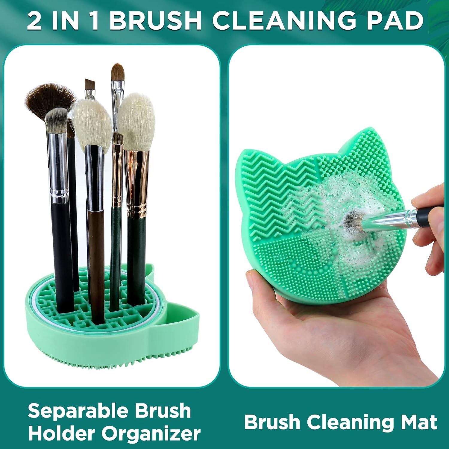 Makeup Brush Cleaner Mat-Silicone Beauty Wash Pad with Dryer Holder 2 in 1 Portable Cosmetic Tool (Green)