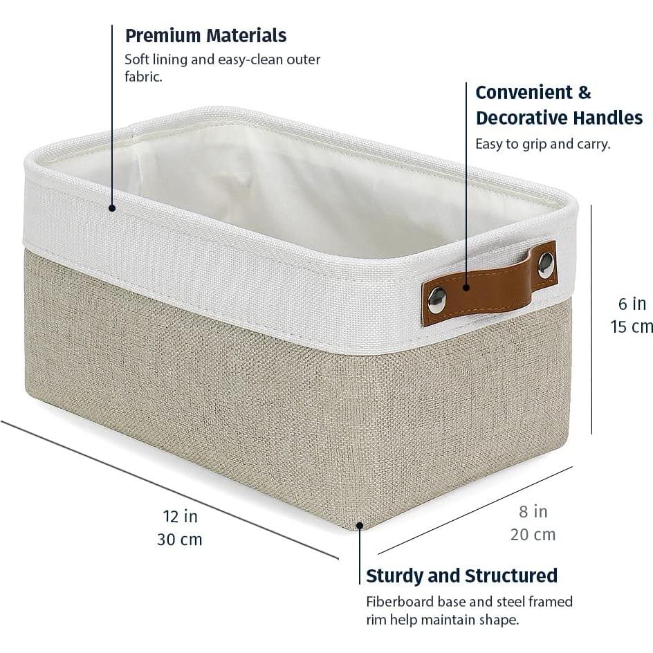 OrganiHaus Small Fabric Storage Baskets for Shelves 3 Pack, 12x8in Closet Storage Bins for Shelves, Cloth Baskets for Organizing, Linen Closet Organizers, Fabric Basket, Beige/White