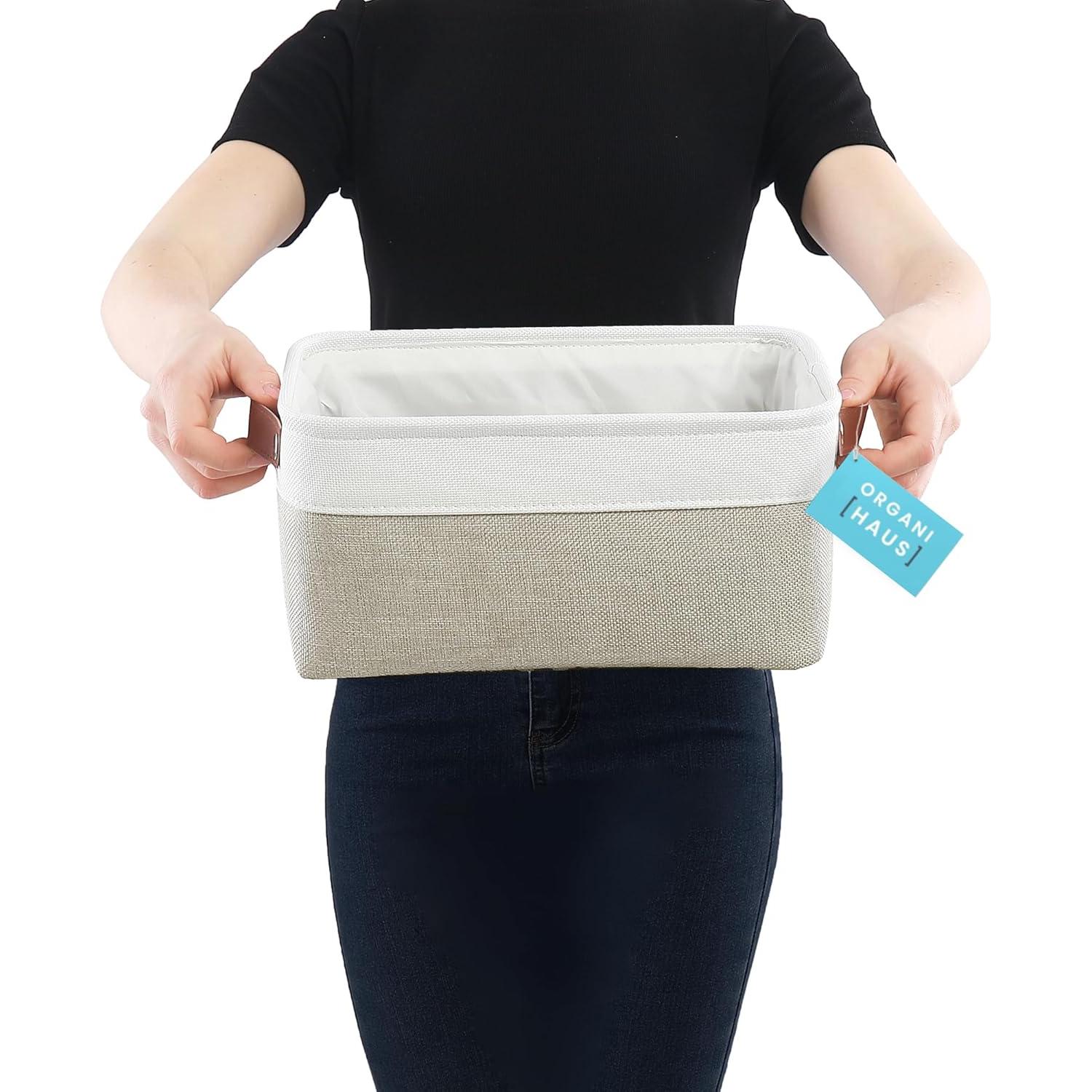 OrganiHaus Small Fabric Storage Baskets for Shelves 3 Pack, 12x8in Closet Storage Bins for Shelves, Cloth Baskets for Organizing, Linen Closet Organizers, Fabric Basket, Beige/White