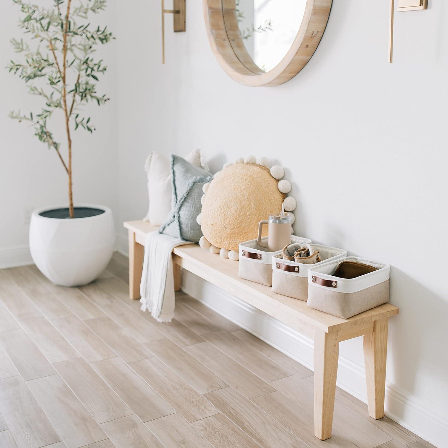 OrganiHaus Small Fabric Storage Baskets for Shelves 3 Pack, 12x8in Closet Storage Bins for Shelves, Cloth Baskets for Organizing, Linen Closet Organizers, Fabric Basket, Beige/White