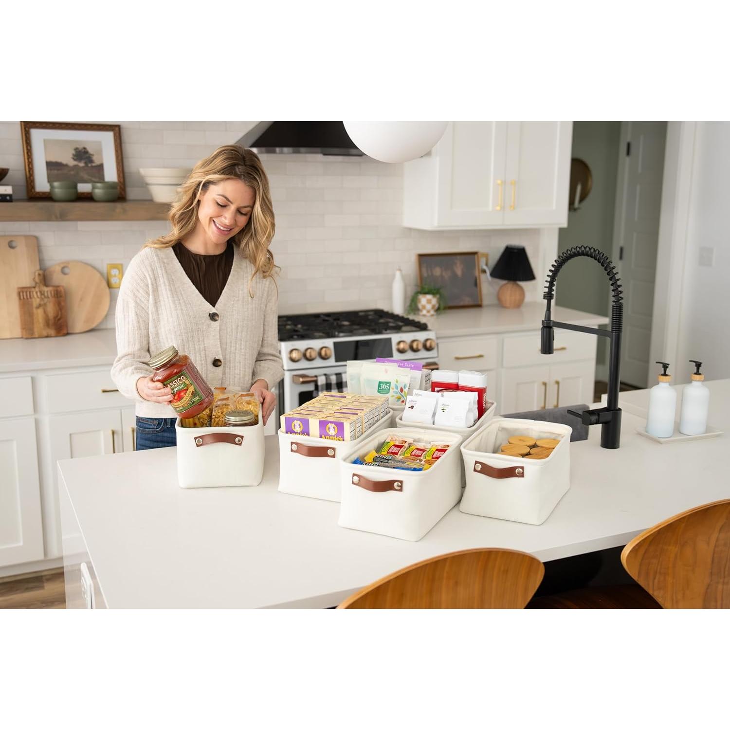 OrganiHaus Small Fabric Storage Baskets for Shelves 3 Pack, 12x8in Closet Storage Bins for Shelves, Cloth Baskets for Organizing, Linen Closet Organizers, Fabric Basket, Beige/White